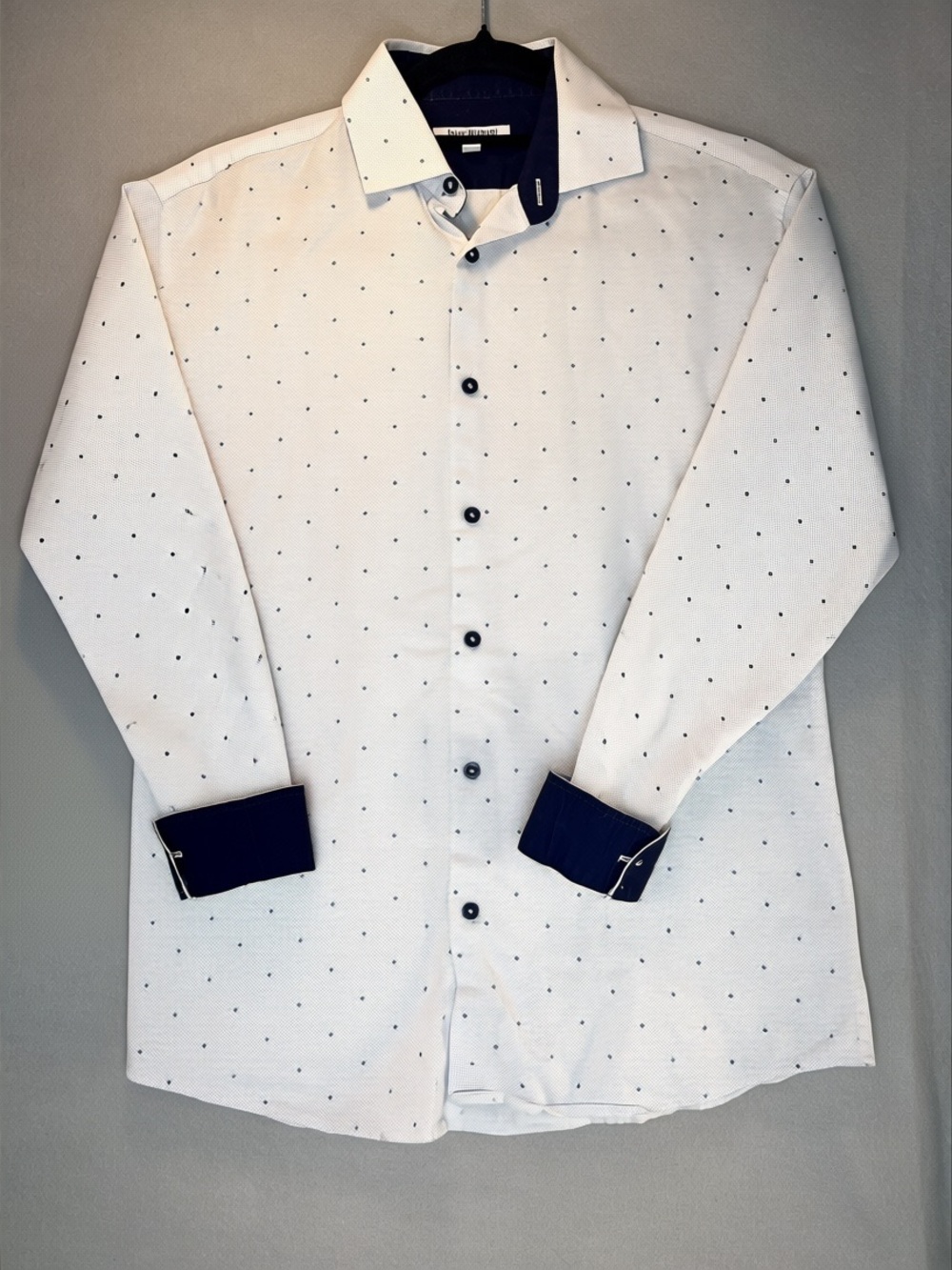 Isaac Mizrahi Boys size 16 White Blue Dot Long Sleeve Button Shirt Flip Cuff